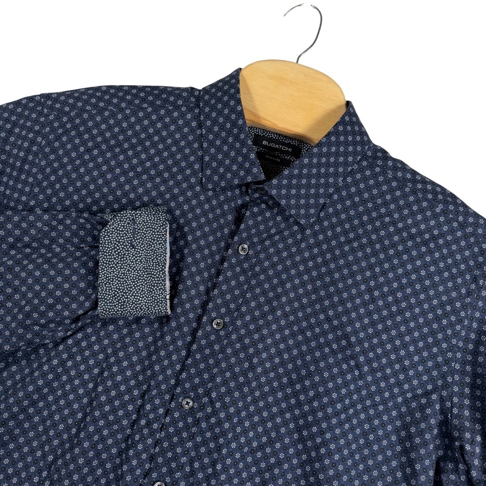 Bugatchi Button Down Shirt Mens‎ L Blue Geometric Floral Shaped Fit Long Sleeve